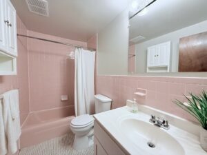 Interior Unit Bathroom, Pink Tile and bathtub/shower.